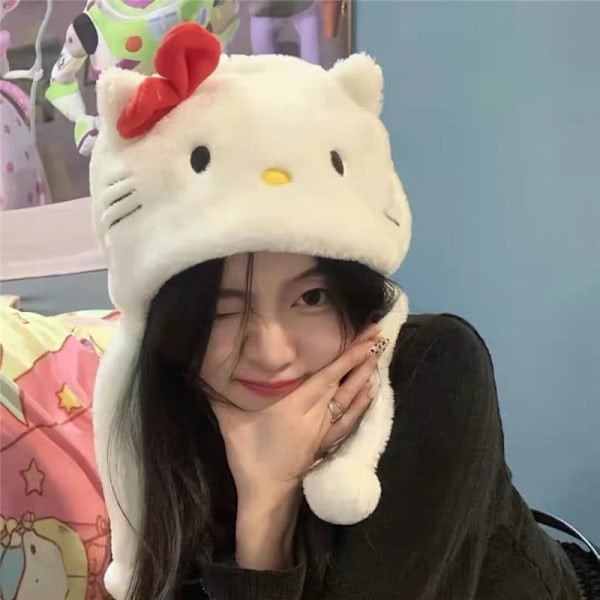 Kawaii KT -kissan pehmoinen pipo ja piirretty hupparihattu lämpimät korvat suojaavat A2