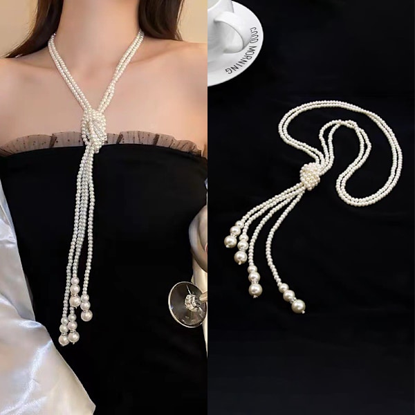 Elegant Dubbellagers Simulerad Pärl-Stickad Halsband för Kvinnor A4