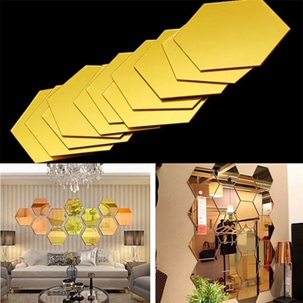 12 stk sekskantet ramme Stereoskopisk speil veggklistremerke Decorati Gold 46*40*23
