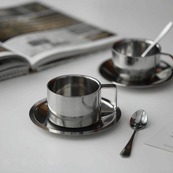 Kaffekop dobbeltlags varmbestandig kaffekopsæt rustfrit Silver A1