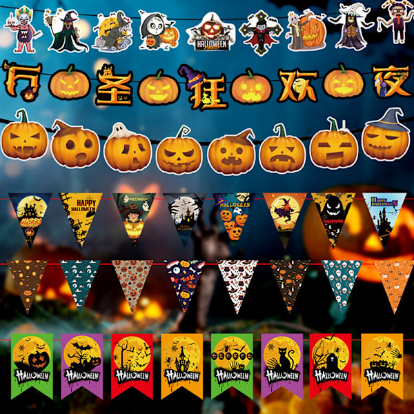 Happy Halloween Papirbanner Gyser Græskar Hexe Kranium Hallowe K03