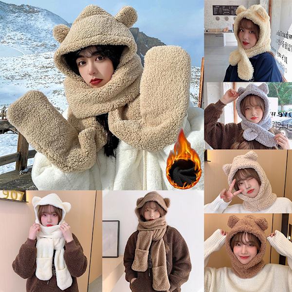 e Bear Ear Hat Halstørklæde Handsker 3-i-1 Winter Warm Cap Damer Windpr 1#-Beige one size