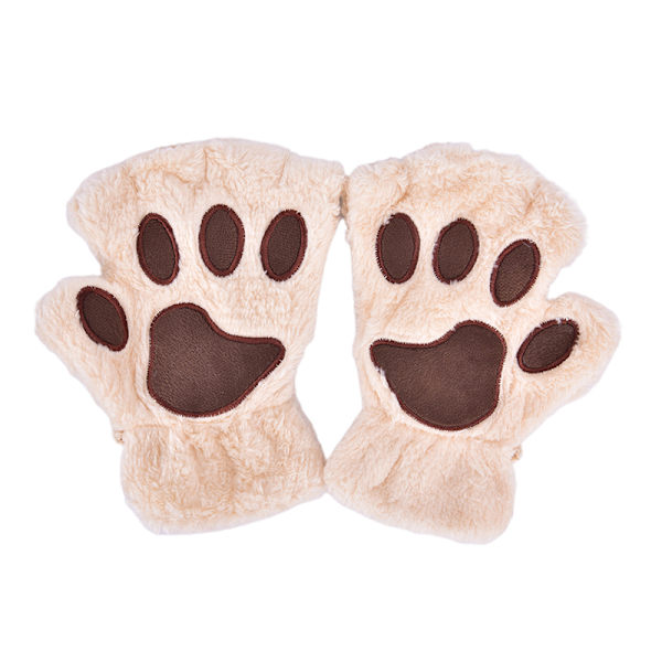 e Cat Claw Plysch vantar Fluffy Bear Handskar Kostym Half Finger Beige one size