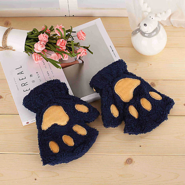 e Cat Claw Plysch vantar Fluffy Bear Handskar Kostym Half Finger Beige one size