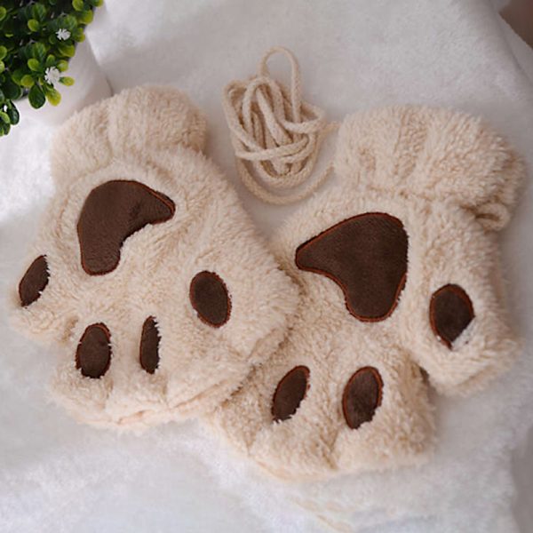 e Cat Claw Plysch vantar Fluffy Bear Handskar Kostym Half Finger Beige one size
