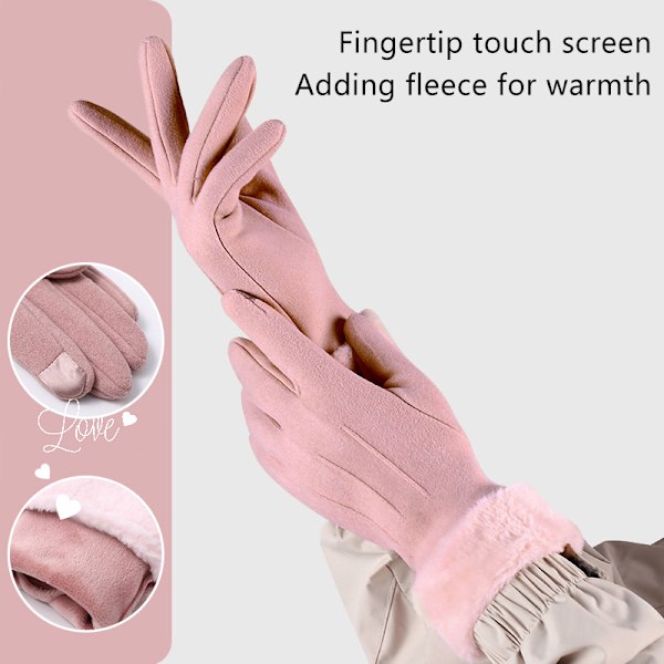 Efterårs- og vintervarme handsker i ruskind med fløjl og tykt plys Pink