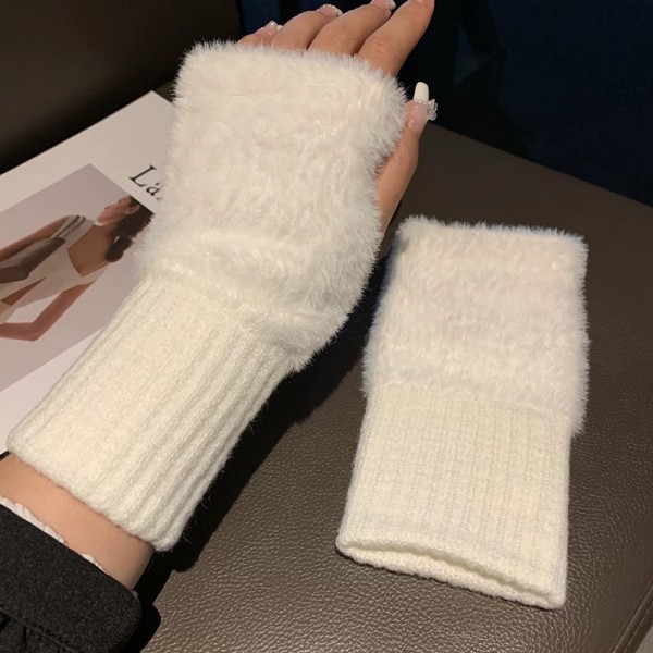 Mjuk plysch Vinter Half Finger Handskar Dam Stickad Fingerless G White onesize