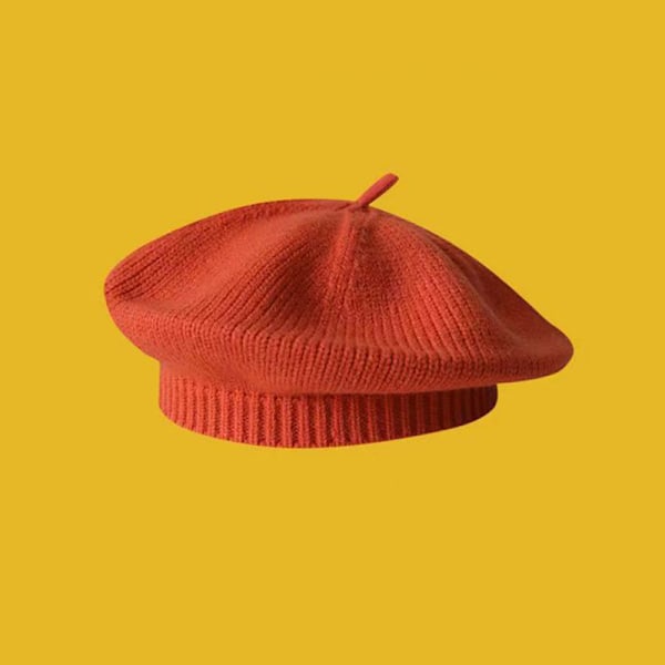 Modebebistickad Beret Hatt Solid Färg Barn Varm Orange