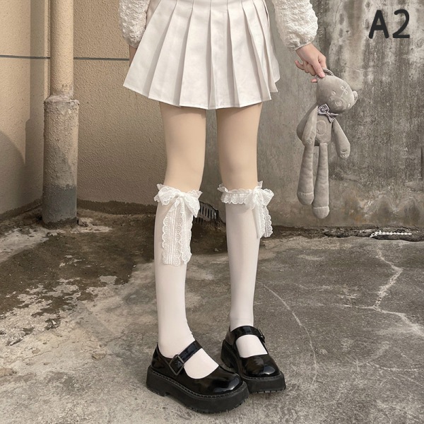 Japan Lolita blondestrømper Dame Søte Kowknot høye knestrømper A2 One Size