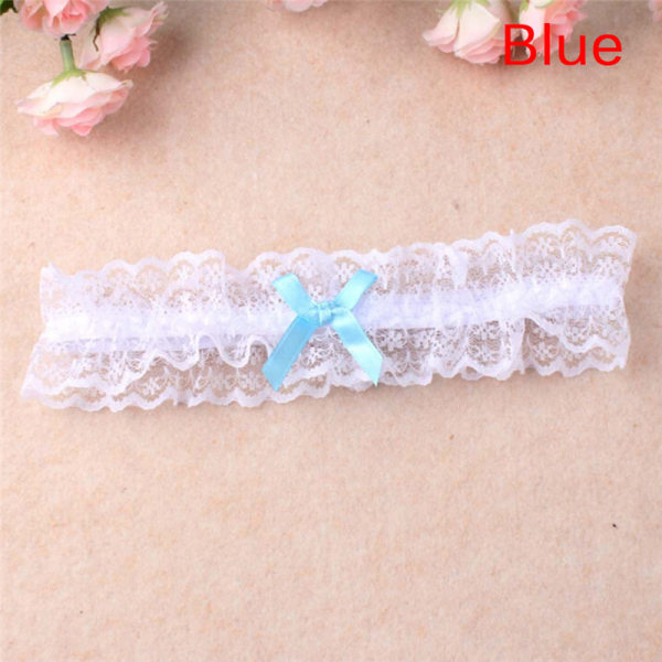 Dubbelfärgad spetsband Bowknot Bröllop brud höna present strumpeband Blue One Size