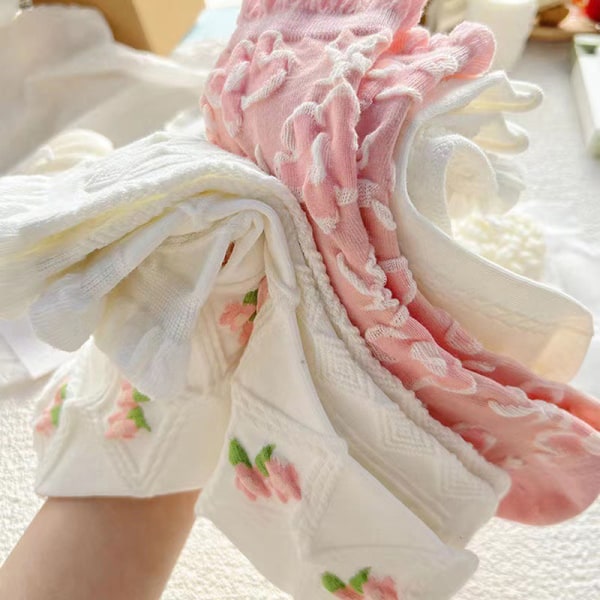 5 Stk/sett White Floral Mid-tube Sokker Dame Trendy Spring Thi White 5 Pieces