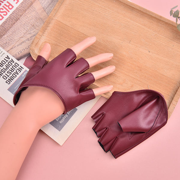 Pu Läder Fingerless Handske För Goth Punk Rock Lolita Harajuku Wine red One Size