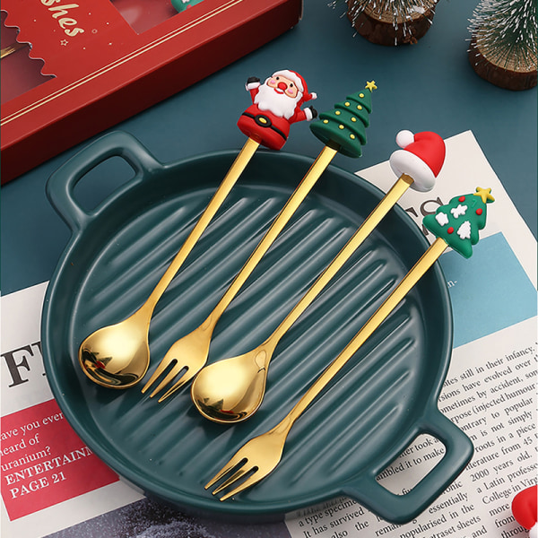 4STK6STK Julegave lery Ske Gaffelsæt Elk Tree Dessert Sp Gold 2pcs