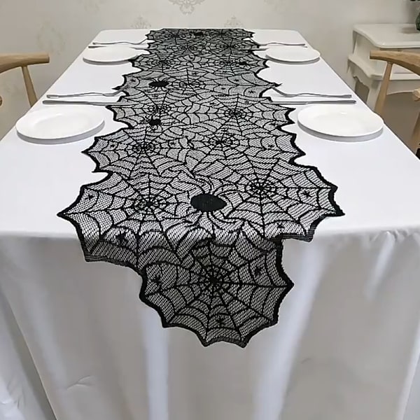 Halloween-koristepitsi, hämähäkinverkko, luuranko, kalloliina D
