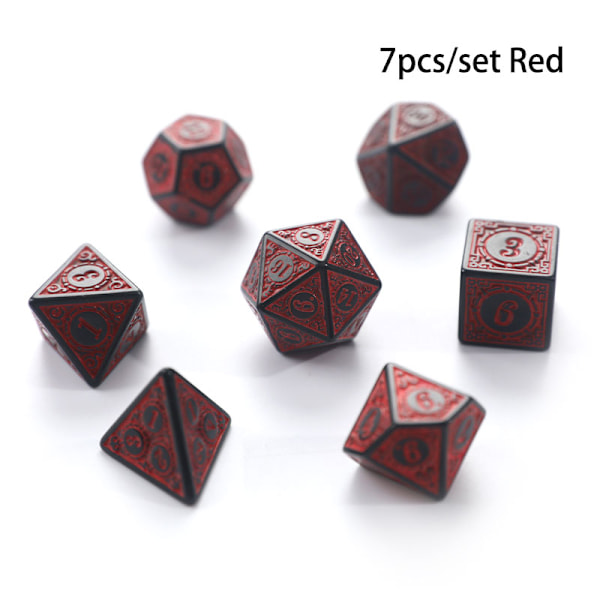 Set tärningssats med 7 tärningar med snidade mönster D4 D6 D8 D10 D% D12 D2 Red 7Pcs