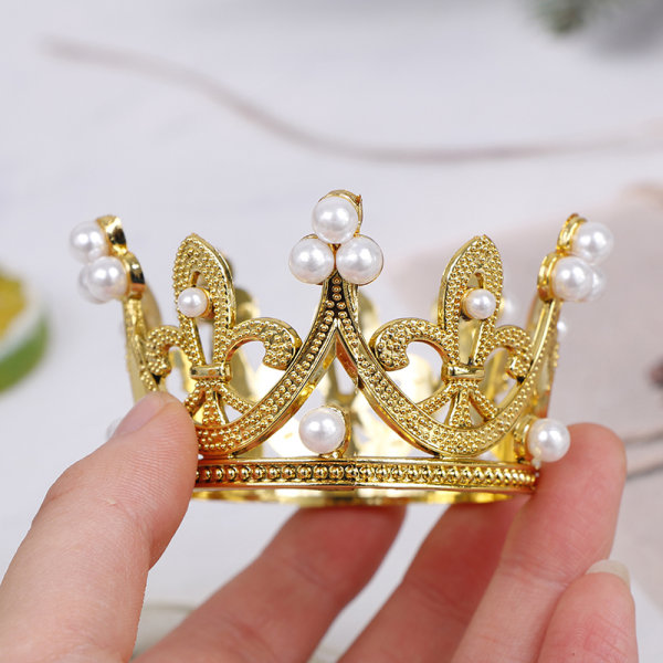 1 ST Mini Crown Cake Topper Crystal Pearl Tiara Barn Hår Eller Gold