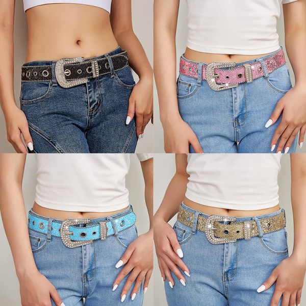 Shinning för Rhinestone Bälten Dam PU Läder Western Y2K Girl Silver