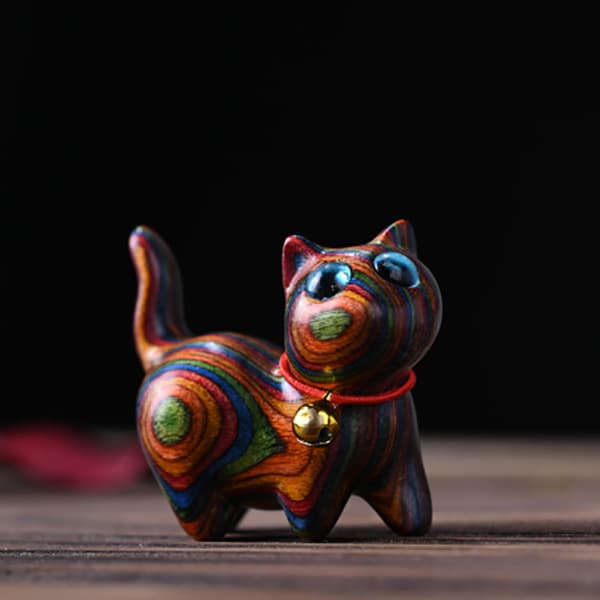 Regnbåge Träsnideri Katt Skulpturer Kattprydnader e Färgade Trä A5