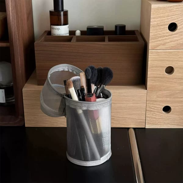 Mesh Makeup Børste Opbevaringspose Blyantpose Bærbar Stor Kapacitet Gray