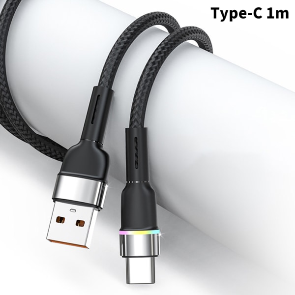 6A 120W USB Typ C LED-kabel för P30 P20 13 12 Pro Snabbladdning Black 1m-Type-C