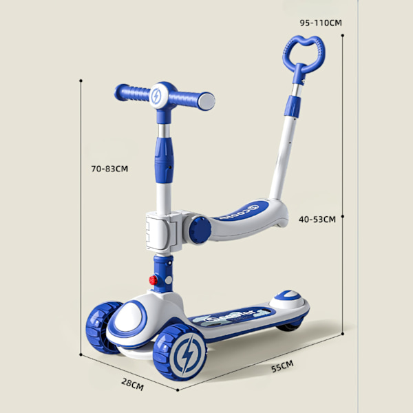 Blå Bolt Rider 3-i-1 Sparkcykel för Barn – Balanscykel, Kickbike & Föräldrahjälp (2–7 år)