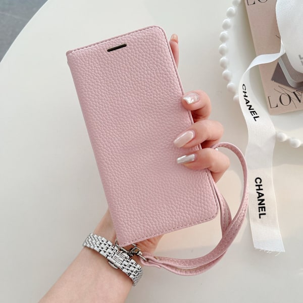Fodral för iPhone 13pro max lychee textur vänster och höger öppning rosa flip läder kortplats magnetisk