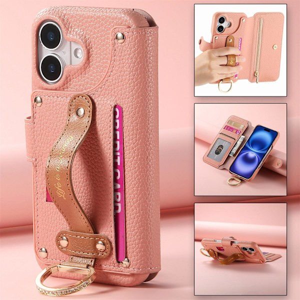 Etui til iPhone 13 Pro pink armbånd fuld lynlås læder ring kortpung