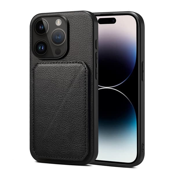 Etui til iPhone15 sort læderimitation kalvemønster
