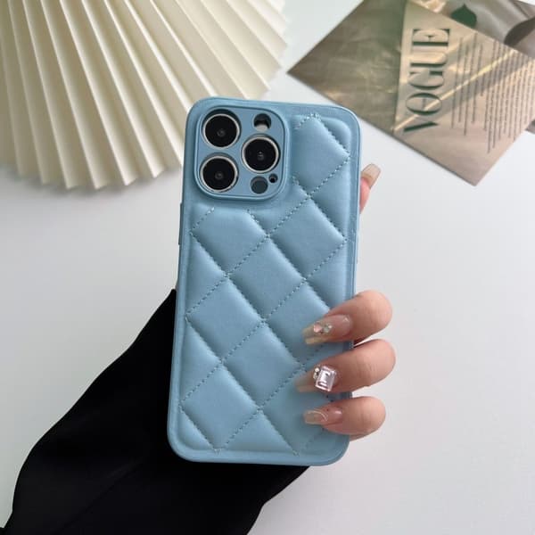 Fodral för iPhone 14plus läder diamantmönster blå solid dunjacka ins trend