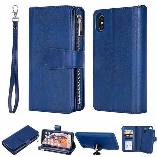 Etui til iPhone 15 PLUS blåt læder split wallet kortholder 2 i 1 lynlås