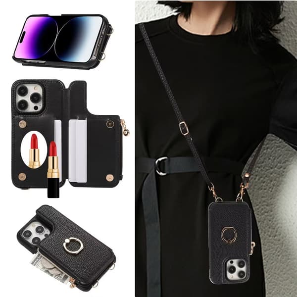 Etui til iPhone15 6.1 sort japansk og koreansk lynlås crossbody multi kort ring solid herre