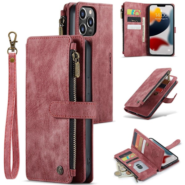 Fodral för iPhone 13 MINI röd multi carat dragkedja läder retro multi funktion kortplats plånbok