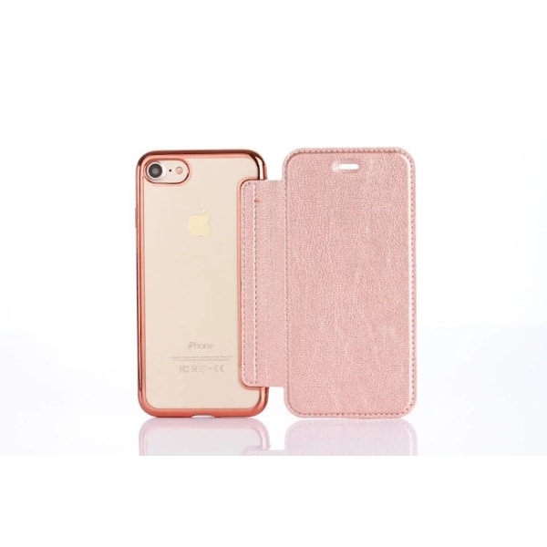 Skal för iPhone 14 roséguld elektropläterad kortplats lychee groove läder voltage