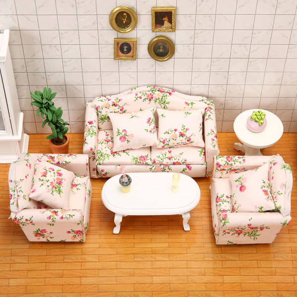 Miniatyrmöbler Leksaksdockor Hus Gör-det-själv-dekoration Tillbehör Mini 1:12 Rosa tyg Liten blommig vardagsrumssoffa Double sofa