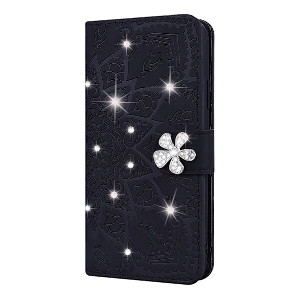 Fodral för iPhone16 svart diamant präglad solros läder palats blomma kalvmönster
