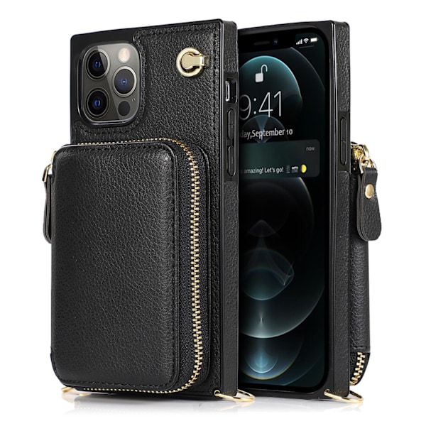 Etui til iPhone 13 6.1 sort lynlås læder multifunktionel pung crossbody