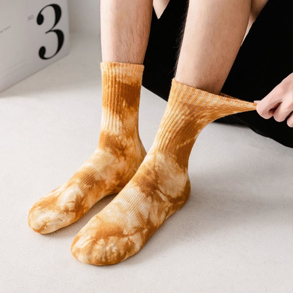 5 par trendy voksne menn, høst- og vinterfrotté fortykkede sokker pluss størrelse Tie-Dye Mid-Calf Yellowish brown 38-45