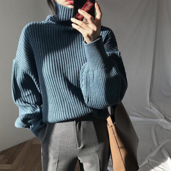 Kvinder Strik Efterår Vinter Sweater Ensfarvet Høj krave Løs Chic Bottoming Shirt Top Navy blue 61*106*47cm