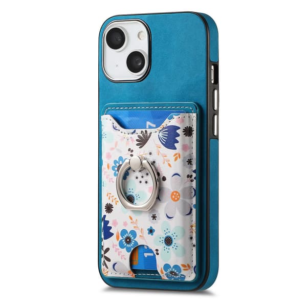 Etui til iPhone 15 Plus blå plante print malet læder kortholder ring