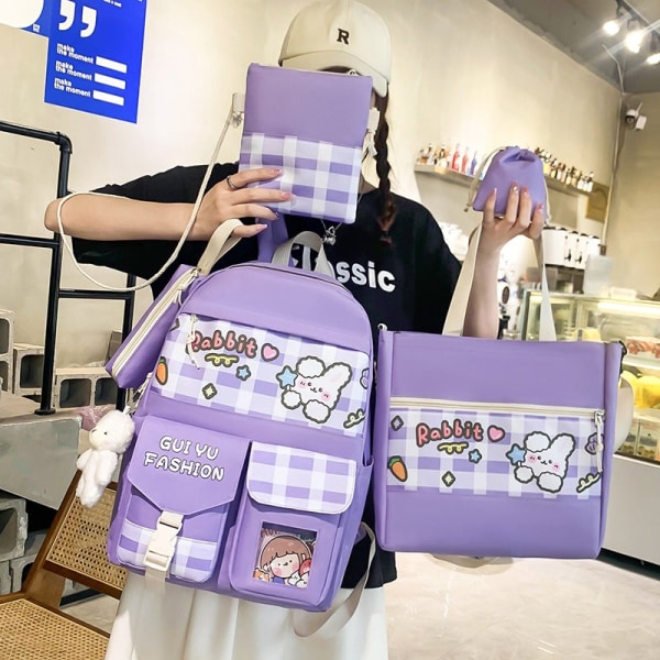 Kvinder pige rygsæk skuldertaske skoletaske Student Checked Korean Casual Canvas Middle School Computer med stor kapacitet Pink