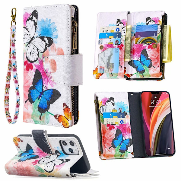 Etui til iPhone 14 Pro to sommerfugle malet lynlås læder multi funktion kort slot pung multi