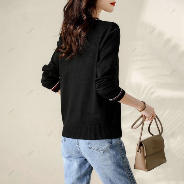 Women Knitwear Autumn Winter Sweater Long-Sleeved Shirt Versatile Loose Slimming Bottoming Shirt Black M