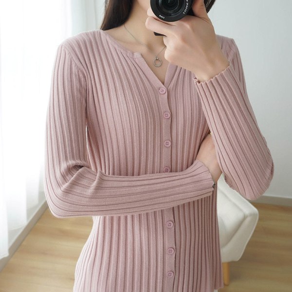 Damestrik efterår vinter sweater i koreansk stil bredstribet strik cardigan slim-fit jakke Pink L