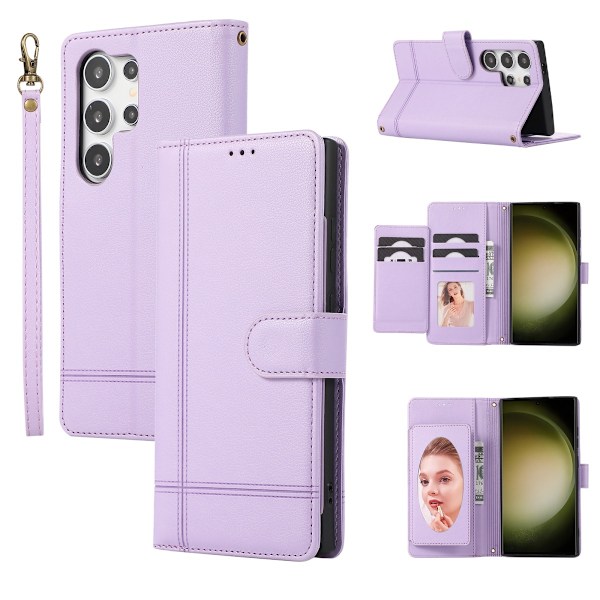 Etui til iPhone 14plus lilla håndrem solid multi-kort mode pung multi funktion bil