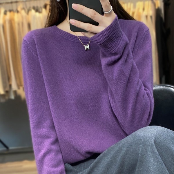 Kvinner strikkeplagg Høst Vinter Genser Crew Neck Inner Base Shirt Horse-Hoof Erme Løs Violet L