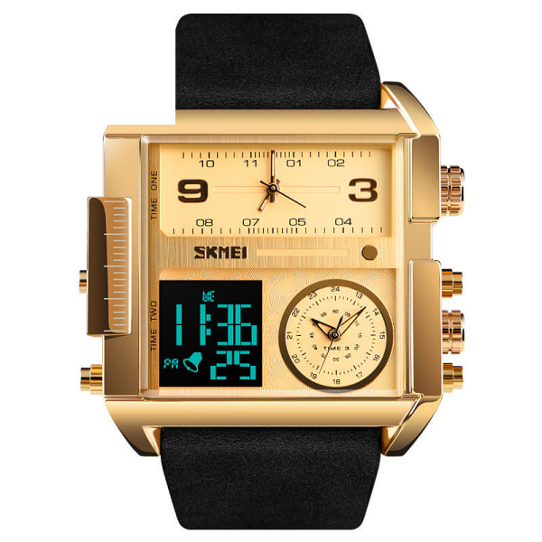 Herrklockor Sport Multi-Function Square Watch Gift Gold shell Black Belt