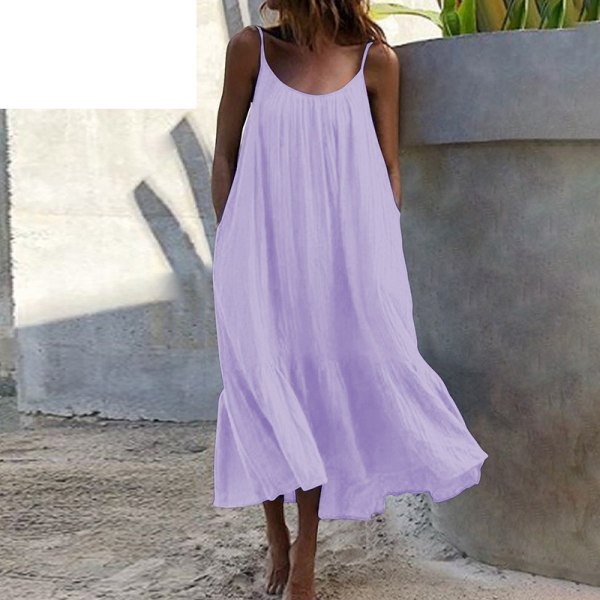 Flæsede ensfarvede kjole Ærmeløs løs spaghettirem formel kjole Purple L