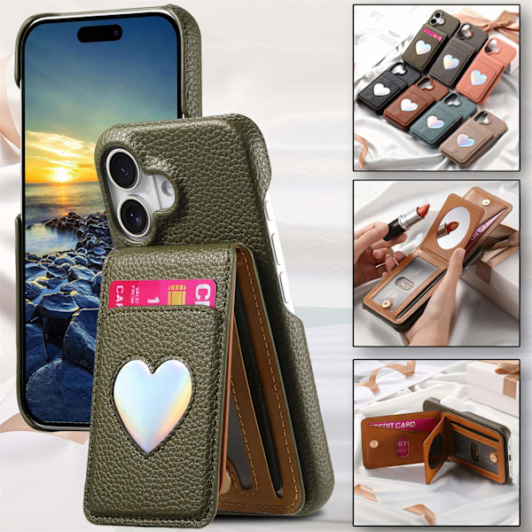 Kotelo iPhone 16 Pro Max -puhelimelle, keskiyön vihreä, japanilainen ja korealainen, yksinkertainen nahka, laser-sydänpeili