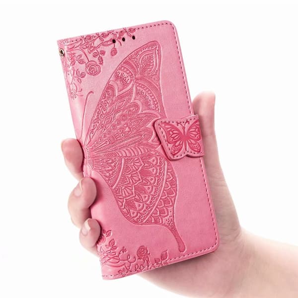 Etui til iPhone 14 Pro Max rosa 3D blomst sommerfugl lær preget