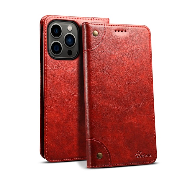 Fodral för iPhone 13 Pro SVART rött läder kortplats flip magnetisk sug